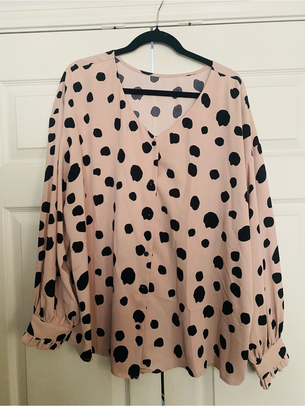 Womens Blush Pink Polka Dot V-Neck Button Blouse